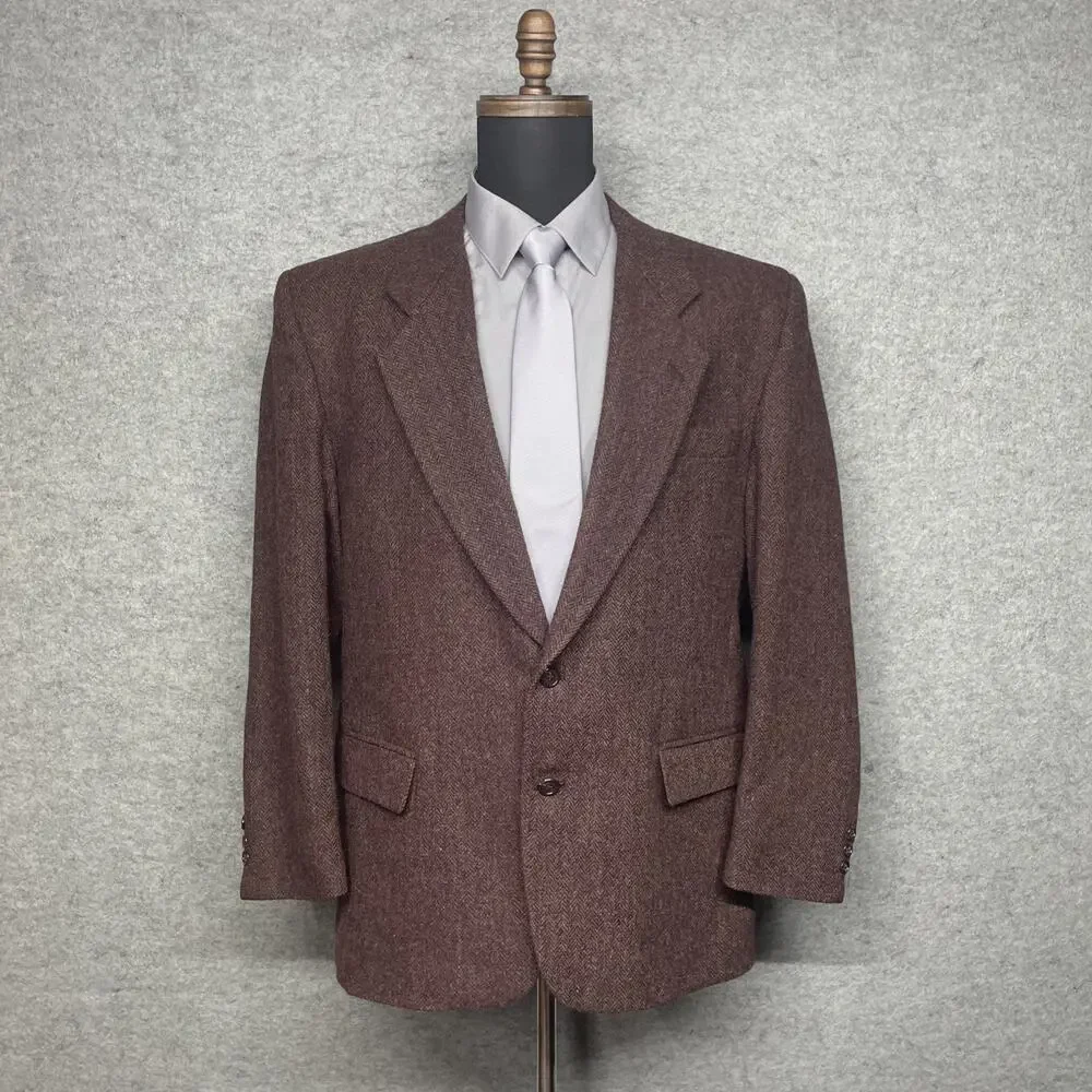 Brookcraft Mens Tweed Sport Coat Blazer Maroon Herringbone USA 46R Wool Look